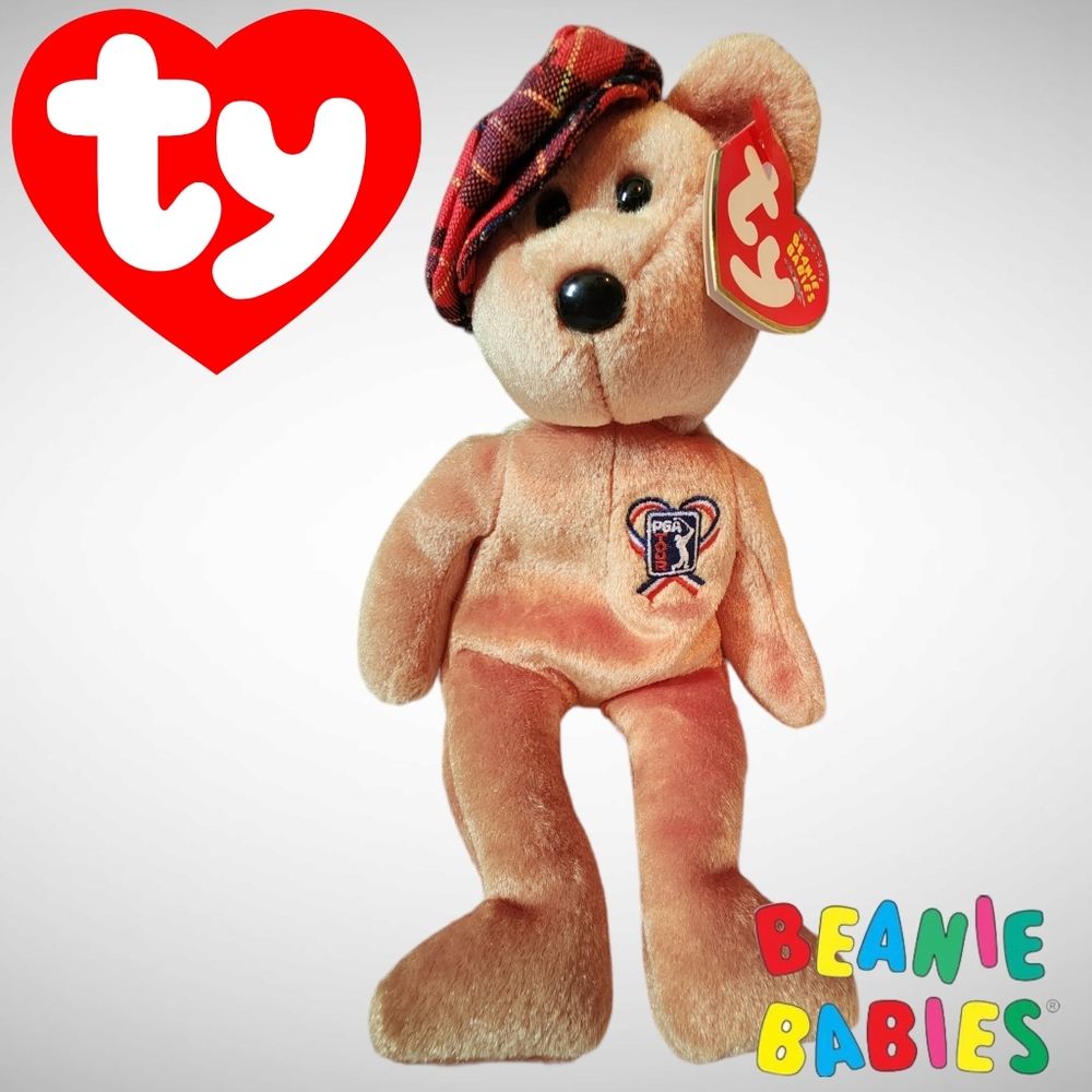 Ty Beanie Babies PGA Bear Plush - Tan with Red Plaid Hat